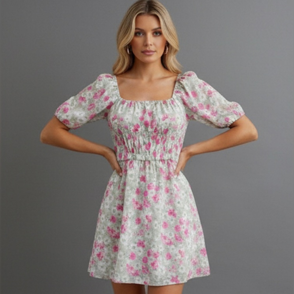 Floral  Square Neck Puff Sleeve Dress